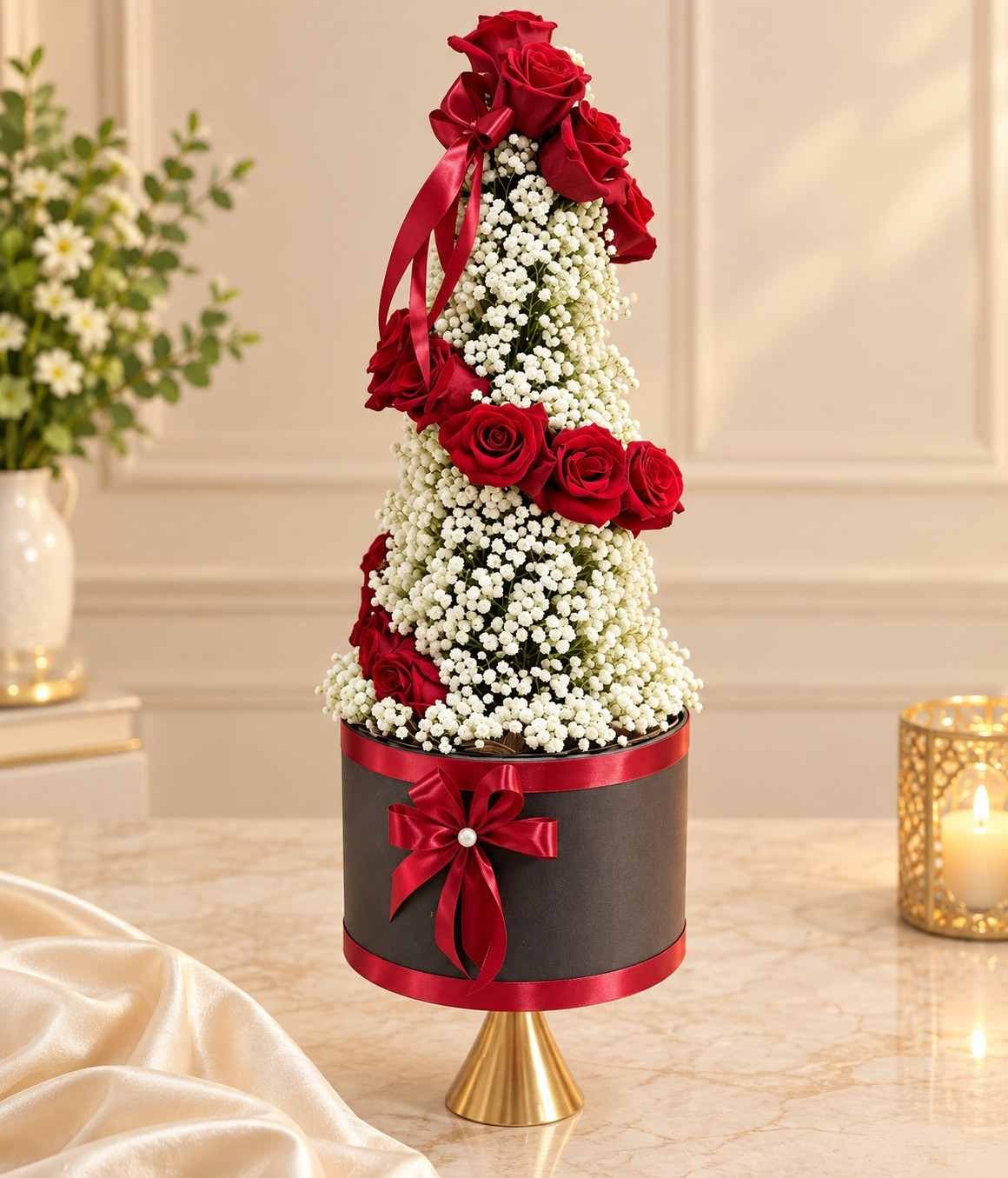 Flowers and Gifts Lahore with red roses and white baby’s breath