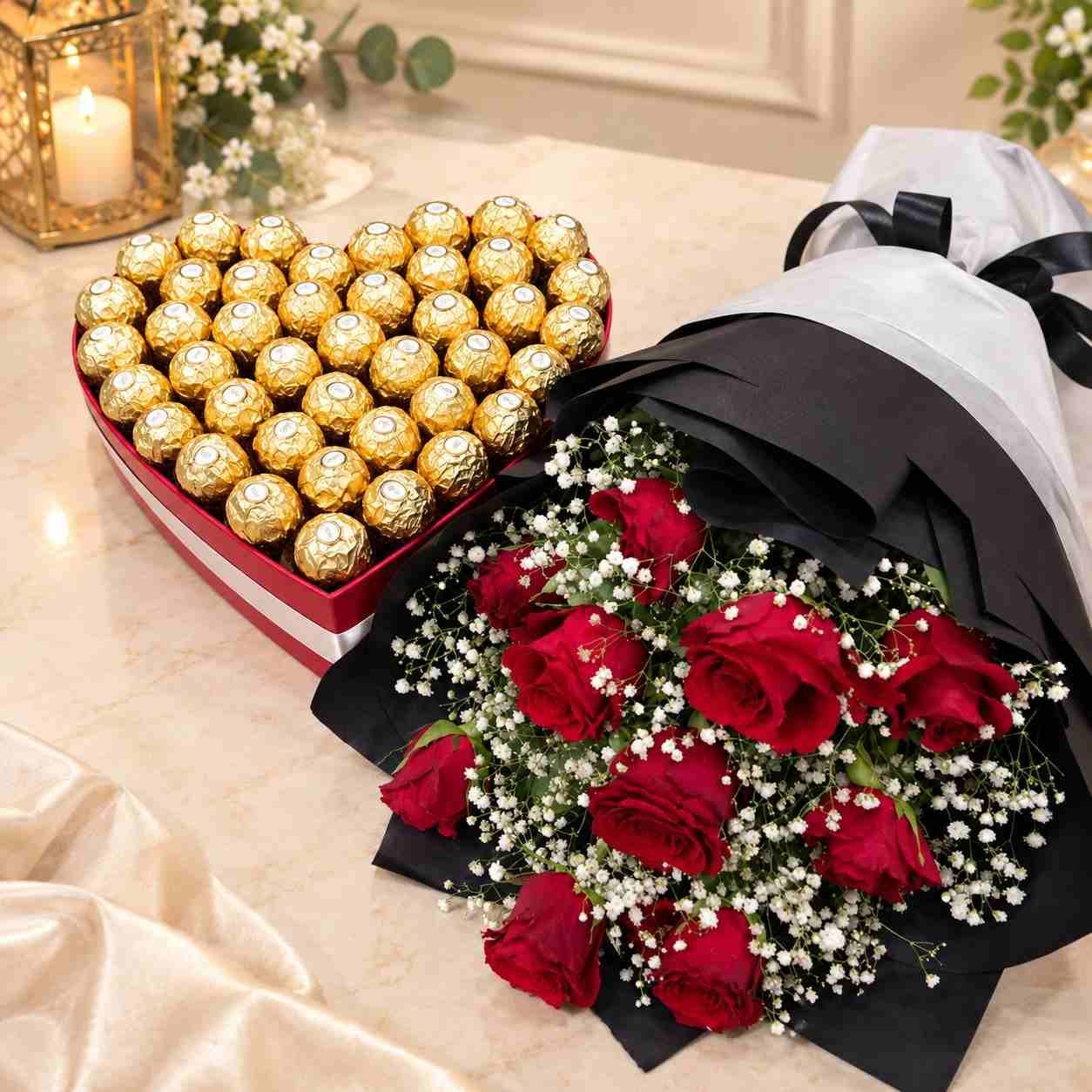 Flowers and Chocolate Lahore with red roses and golden chocolates