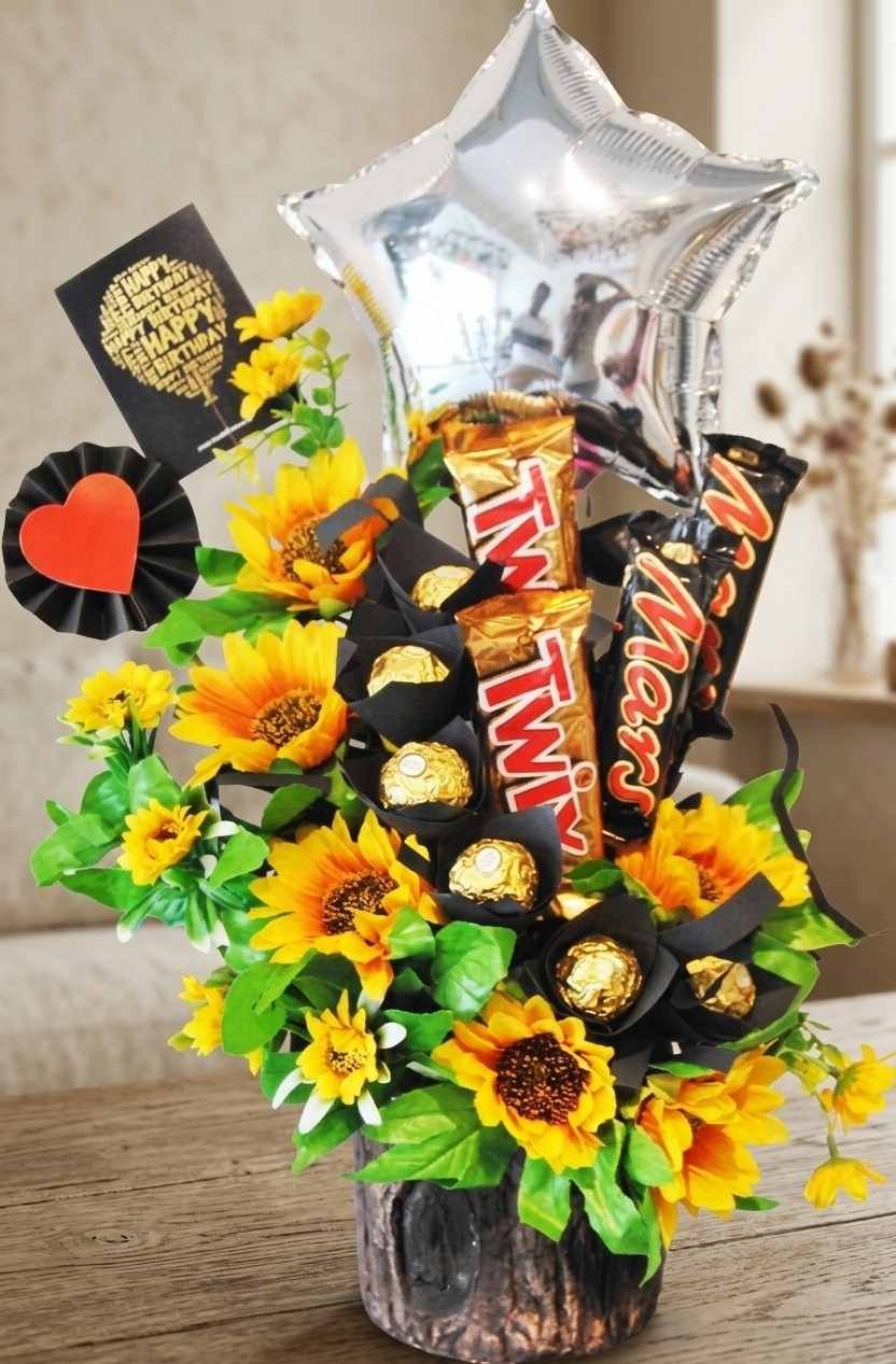 Sunflower Twix chocolate arrangement for same day flower delivery lahore