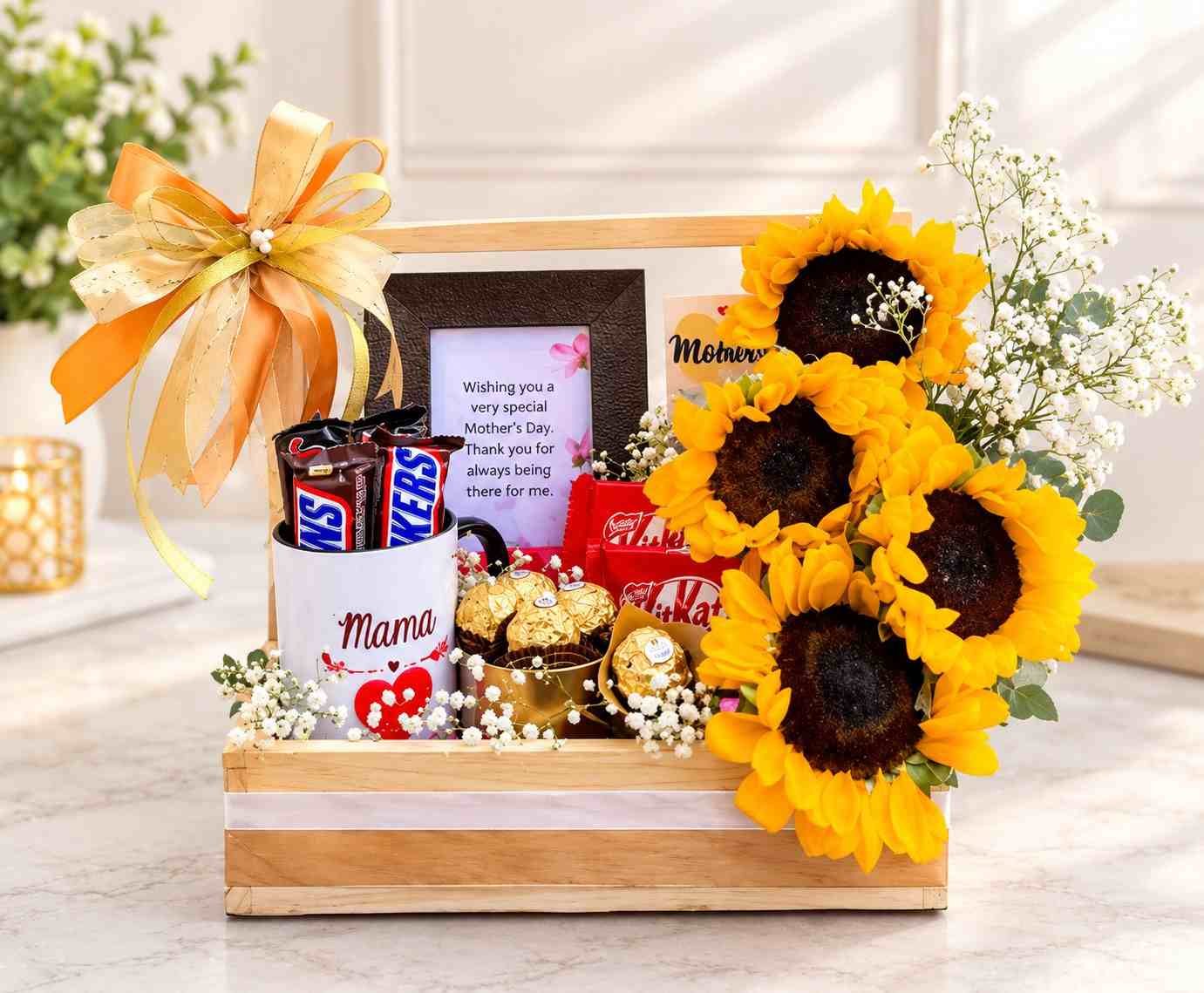 Sunflower Gift Basket Pakistan with chocolates and Mama mug