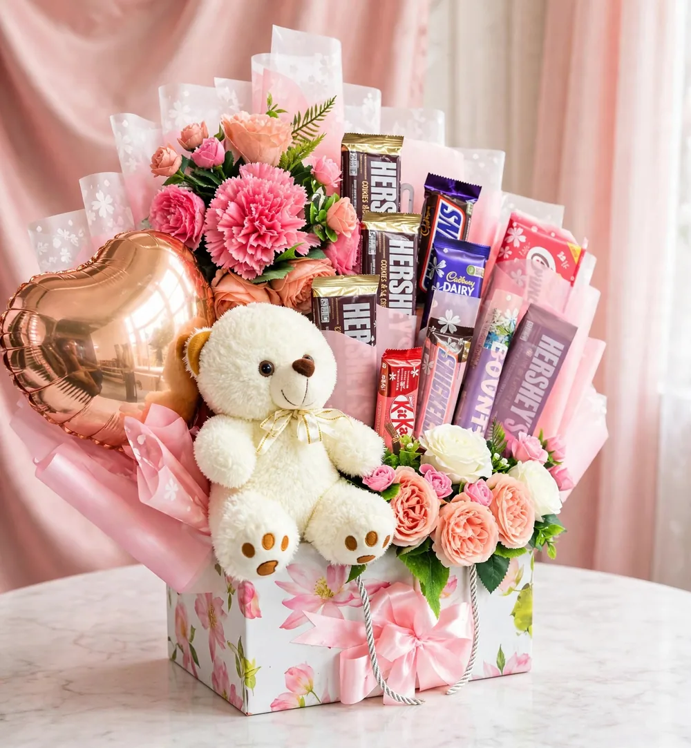 Pink Teddy Celebration – three-quarter view | PakFlowerShop