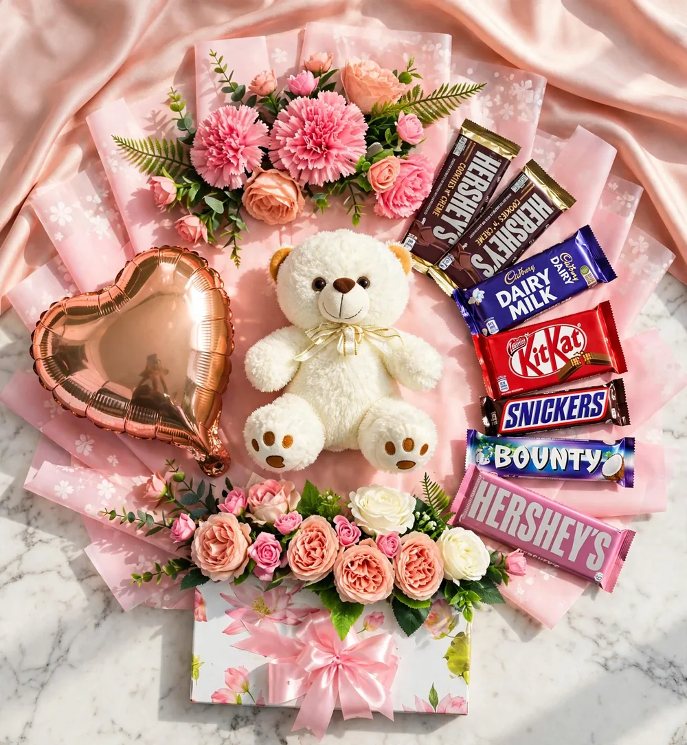 Pink Teddy Celebration – top view | PakFlowerShop