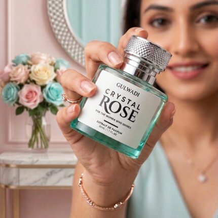 A woman holding a turquoise bottle of Gulwadi Crystal Rose Extrait de Parfum with a mirror and floral arrangement in the background