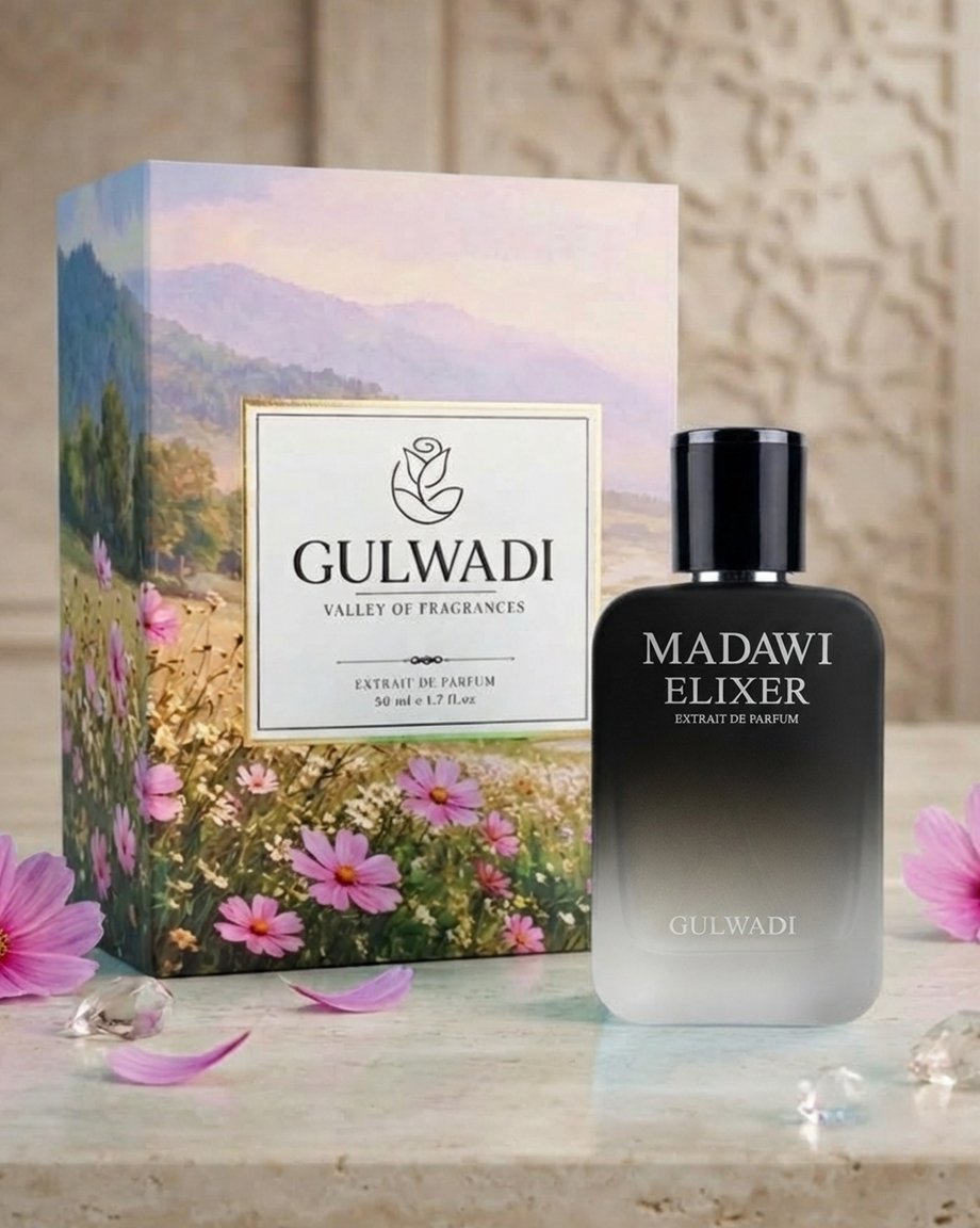 Hands holding a black and silver ombre glass bottle of Madawi Elixer Extrait de Parfum by Gulwadi