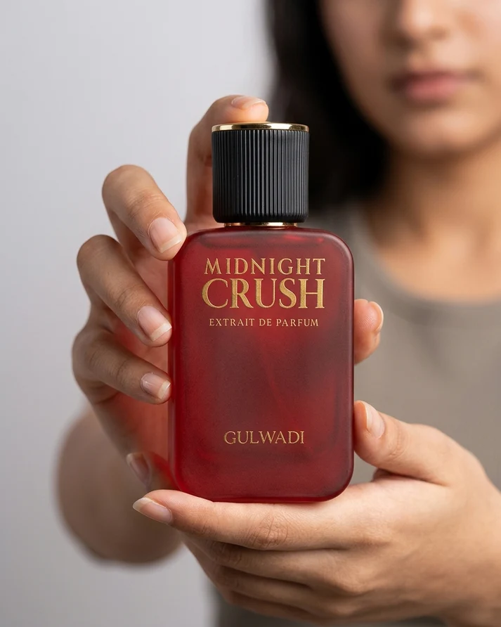 Hands holding a red frosted bottle of Midnight Crush Extrait de Parfum by Gulwadi with gold lettering