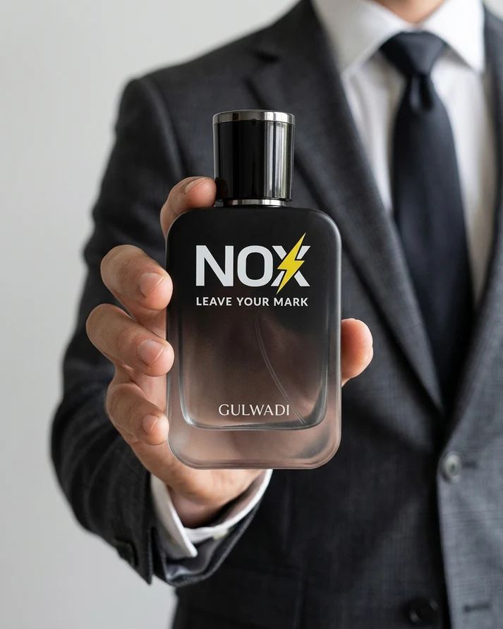 A man in a sharp grey suit holding a bottle of NOX Perfume by Gulwadi featuring white pepper, bergamot, and tonka bean