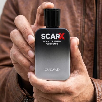 Man in a leather jacket holding a black and silver ombre bottle of Scar X Extrait de Parfum Pour Homme by Gulwadi