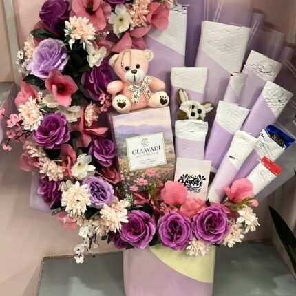 Cute pink and purple birthday gift delivery Lahore with teddy and perfume