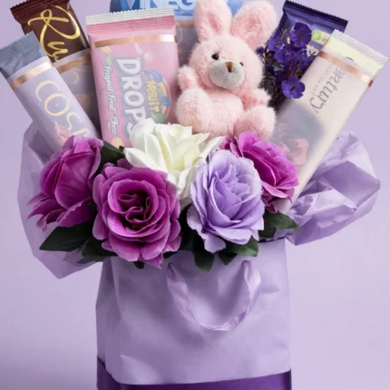 Lavender rose snack gift bag with pink bunny plush