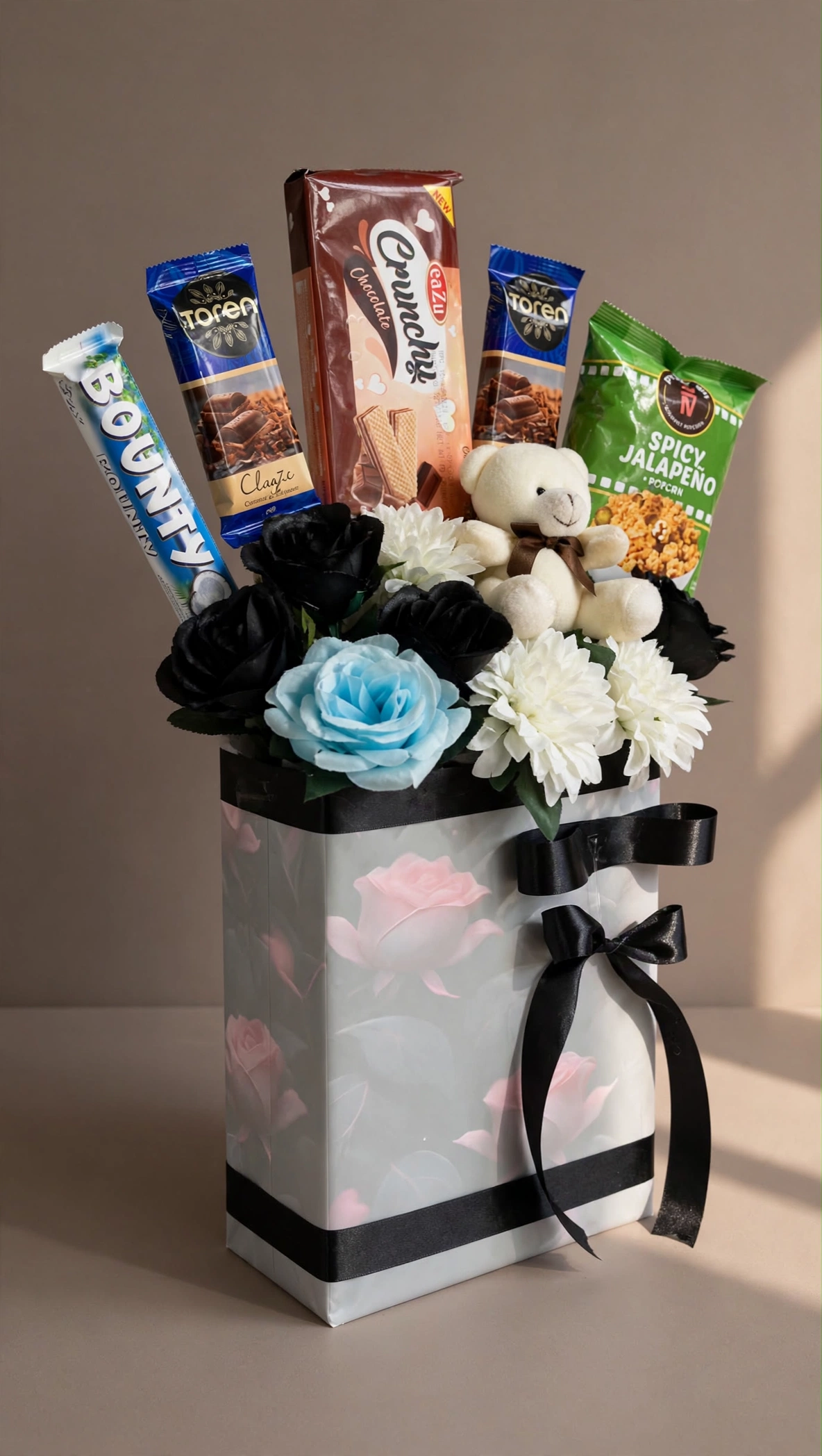 Chocolate snack gift bag at a three-quarter angle