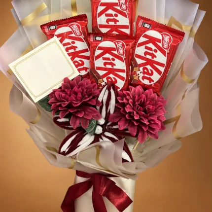 KitKat chocolate bouquet with pink dahlia flowers