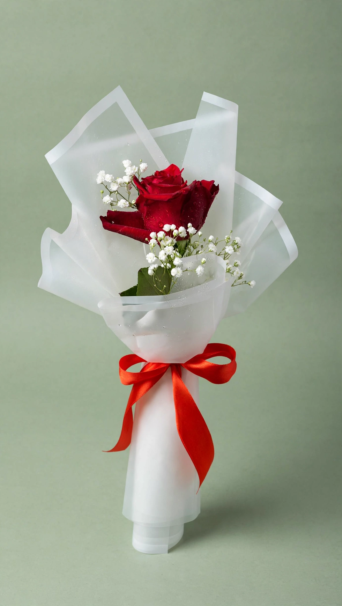 Mini red rose bouquet with white wrapping at a three-quarter angle