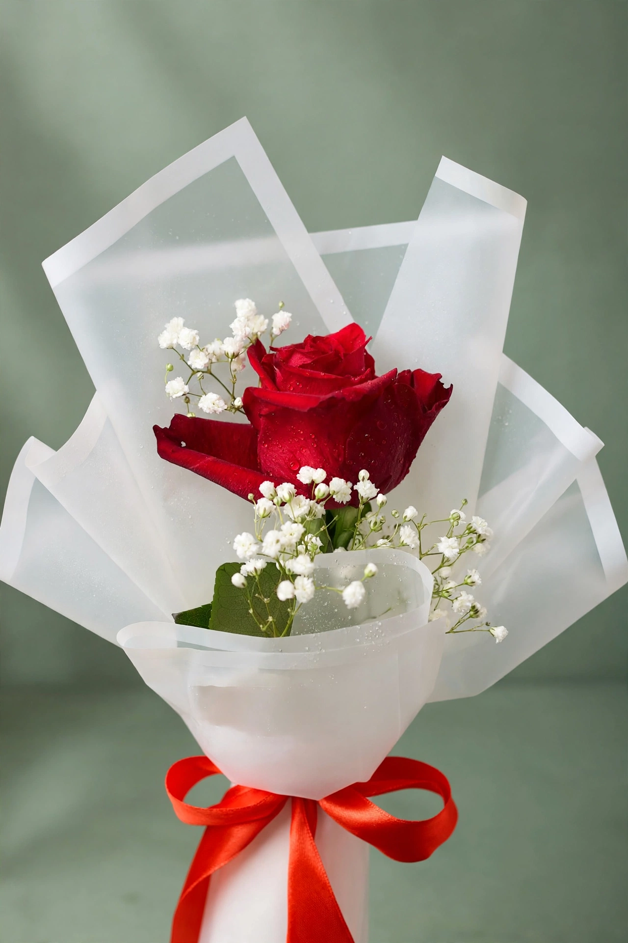 Close-up of fresh red roses and baby's breath in the mini bouquet