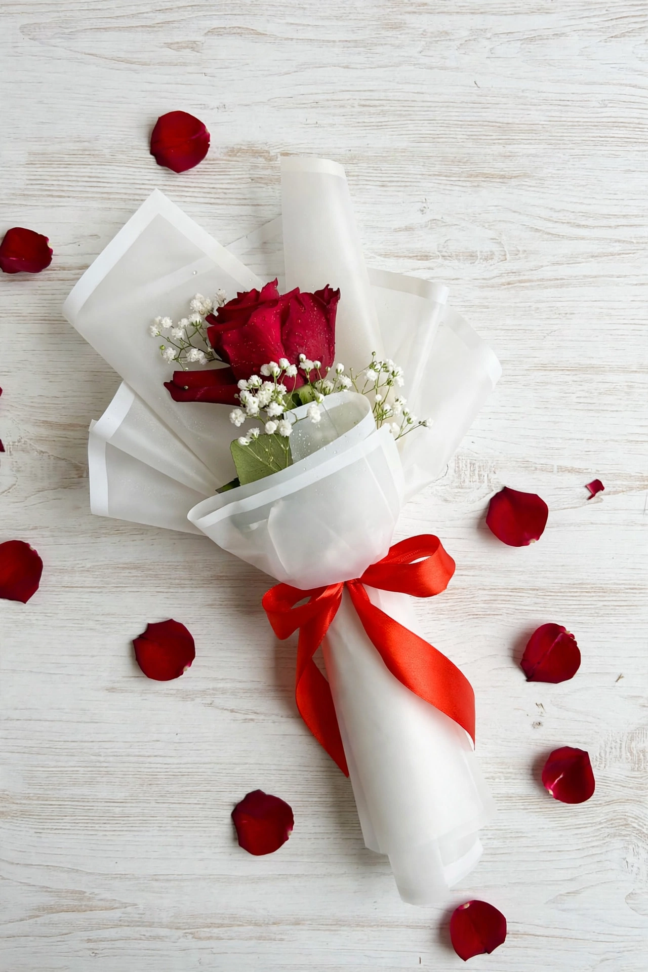 Mini red rose bouquet flat lay on whitewashed wood