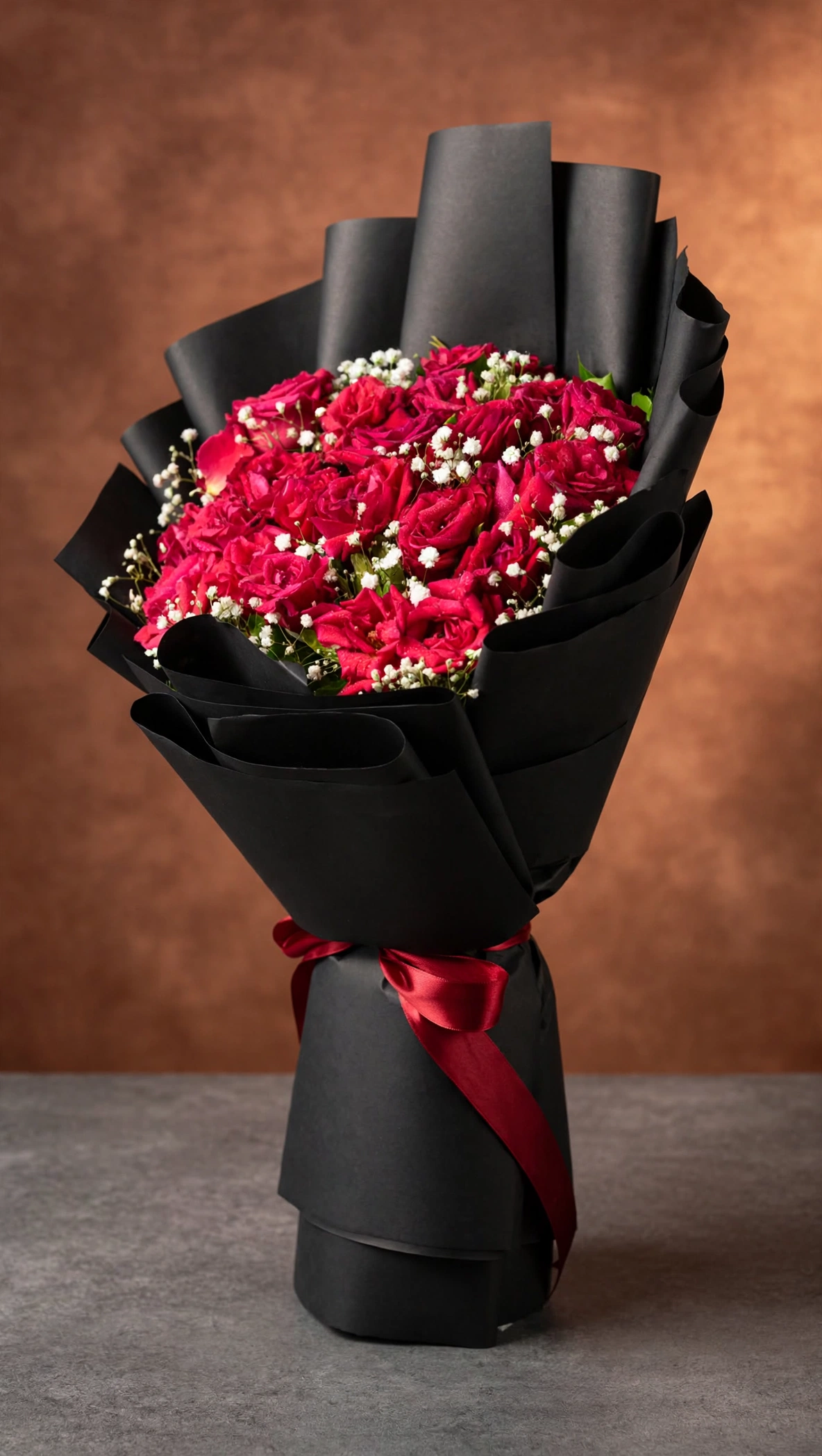 Premium red rose bouquet viewed from a three-quarter angle against a terracotta backdrop