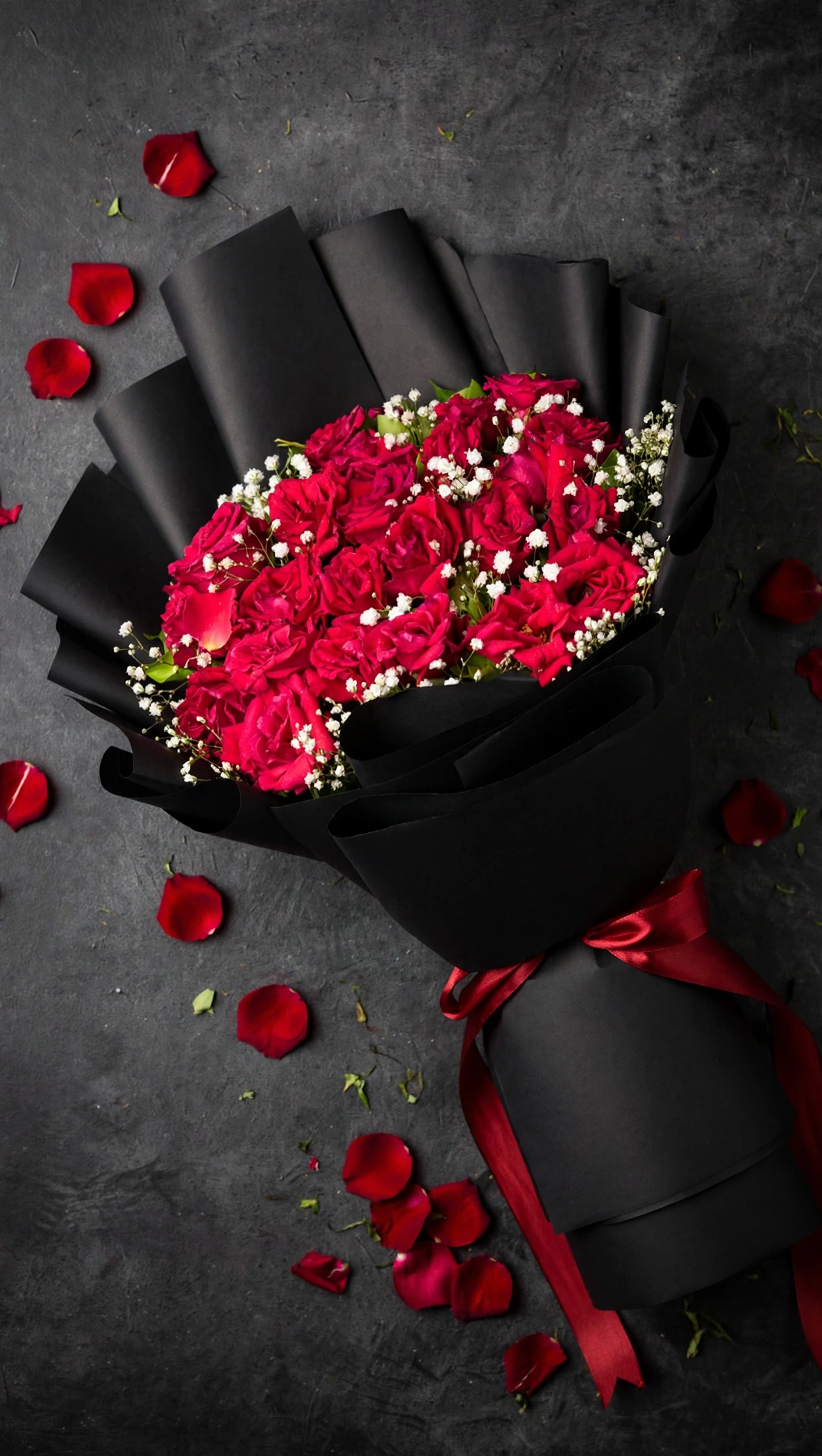 Premium red rose bouquet flat lay on a dark charcoal surface with scattered rose petals