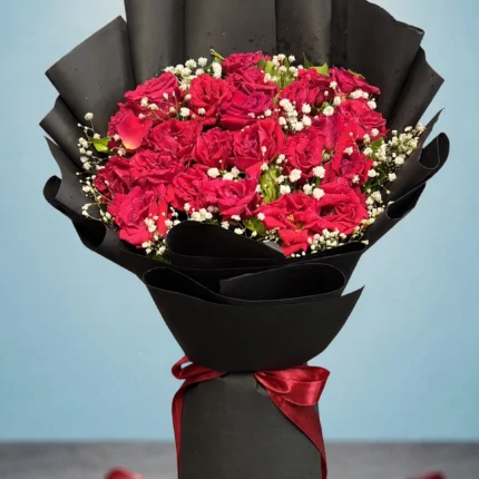 Premium red rose bouquet with baby's breath in tall black wrapping with deep red ribbon on a sky blue studio background