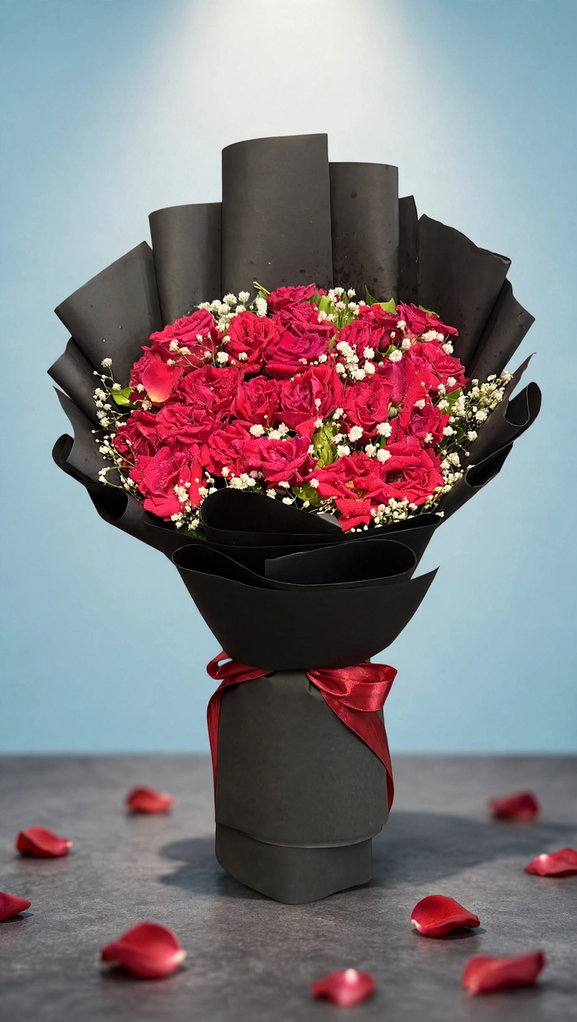 Premium red rose bouquet with baby's breath in tall black wrapping with deep red ribbon on a sky blue studio background